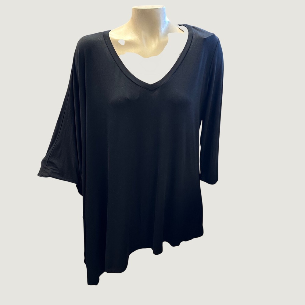 Katherine Barclay Asymmetrical Draped Top Women M Black V-Neck Batwing Sleeve